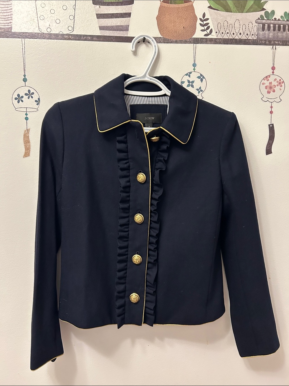 J. Crew Navy Blazer with Gold Trim and Ruffle Placket